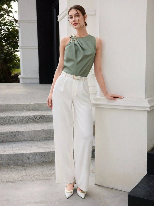SHEIN BizChic top asimétrico fruncido con hebilla metálica color verde salvia - Quierox - Tienda Online