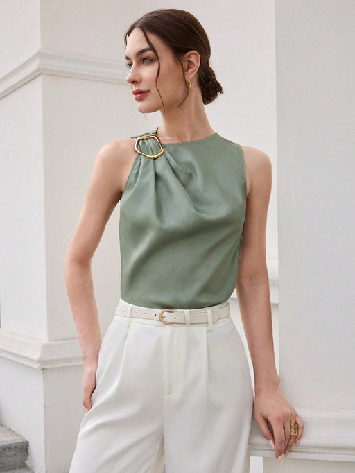 SHEIN BizChic top asimétrico fruncido con hebilla metálica color verde salvia - Quierox - Tienda Online