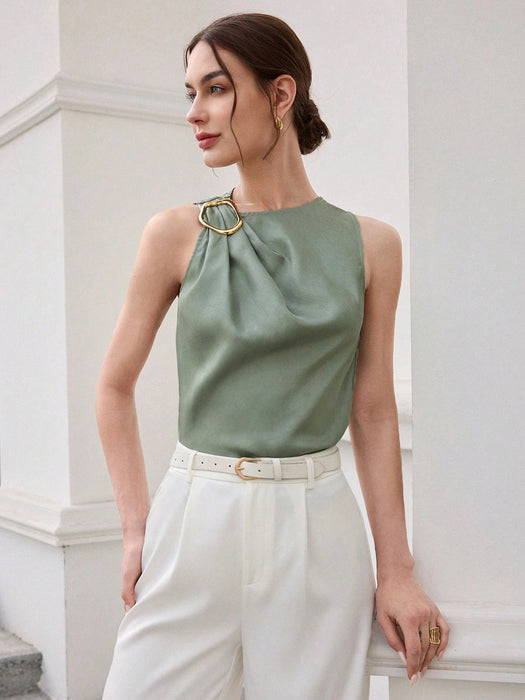SHEIN BizChic top asimétrico fruncido con hebilla metálica color verde salvia - Quierox - Tienda Online
