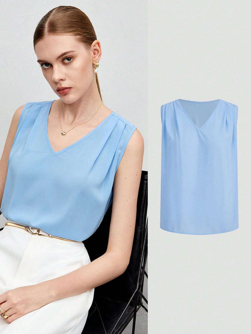 Shein BizChic - Top plisado con cuello en V para trabajo - Quierox - Tienda Online