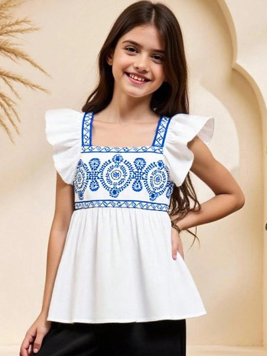 SHEIN Blusa casual de vacaciones con estampado azul y ribete de volantes para niña preadolescente - Quierox - Tienda Online