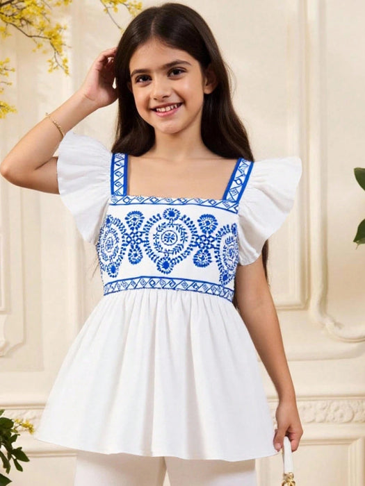 SHEIN Blusa casual de vacaciones con estampado azul y ribete de volantes para niña preadolescente - Quierox - Tienda Online