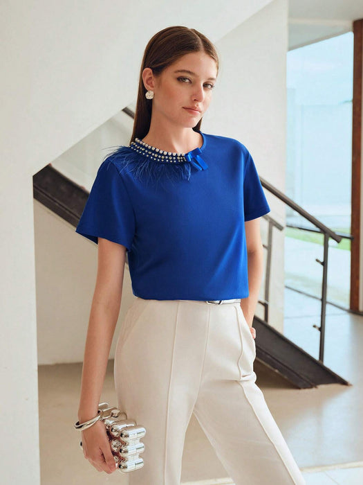 SHEIN Blusa con detalles de pierdas en el cuello para mujer - Quierox - Tienda Online