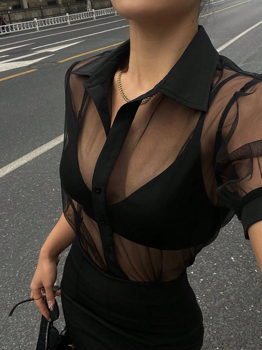 SHEIN Blusa de manga corta de gasa transparente de malla minimalista DAZY - Quierox - Tienda Online