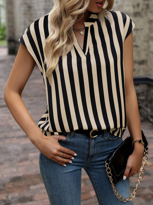 SHEIN Blusa de oficina elegante de manga corta con cuello en V y estampado de rayas - Quierox - Tienda Online
