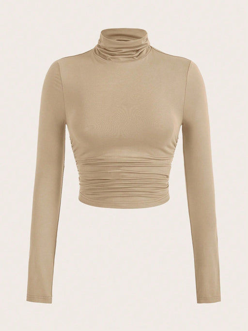 SHEIN blusa de primavera con cuello alto liso y camiseta fruncida - Quierox - Tienda Online