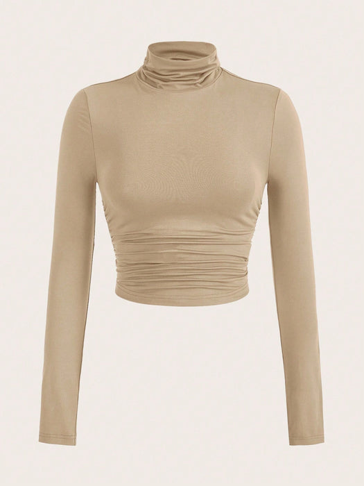 SHEIN blusa de primavera con cuello alto liso y camiseta fruncida - Quierox - Tienda Online