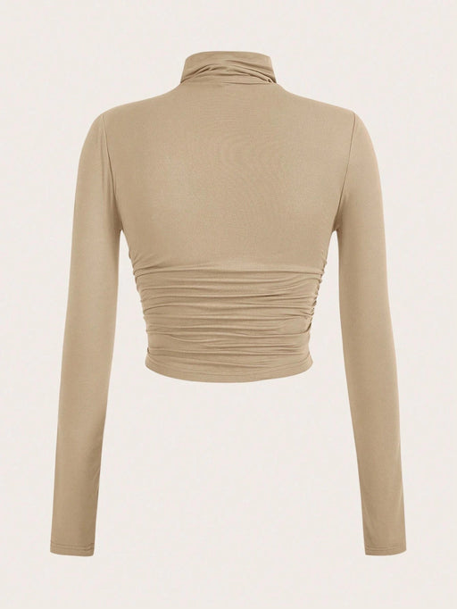 SHEIN blusa de primavera con cuello alto liso y camiseta fruncida - Quierox - Tienda Online