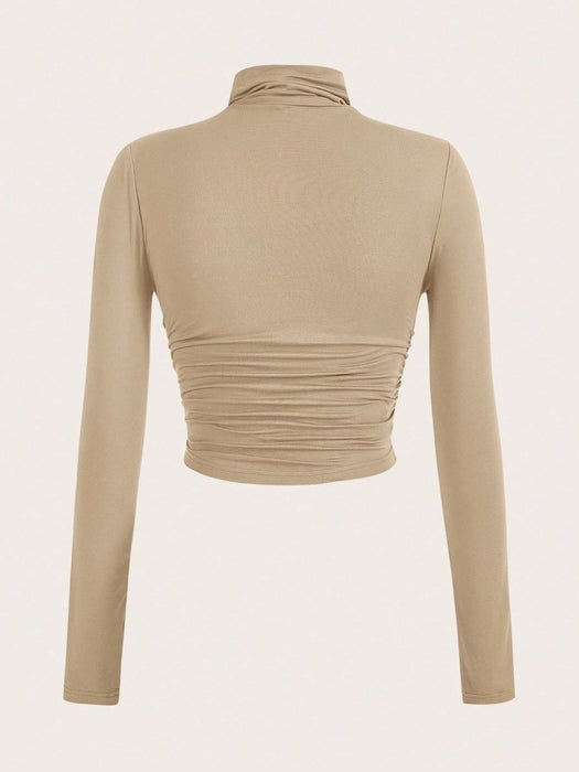 SHEIN blusa de primavera con cuello alto liso y camiseta fruncida - Quierox - Tienda Online