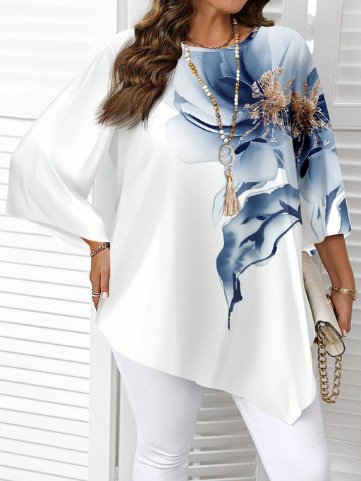 SHEIN Blusa informal minimalista azul y blanca con estampado floral, manga 3/4 - Quierox - Tienda Online