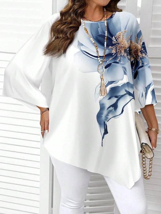 SHEIN Blusa informal minimalista azul y blanca con estampado floral, manga 3/4 - Quierox - Tienda Online