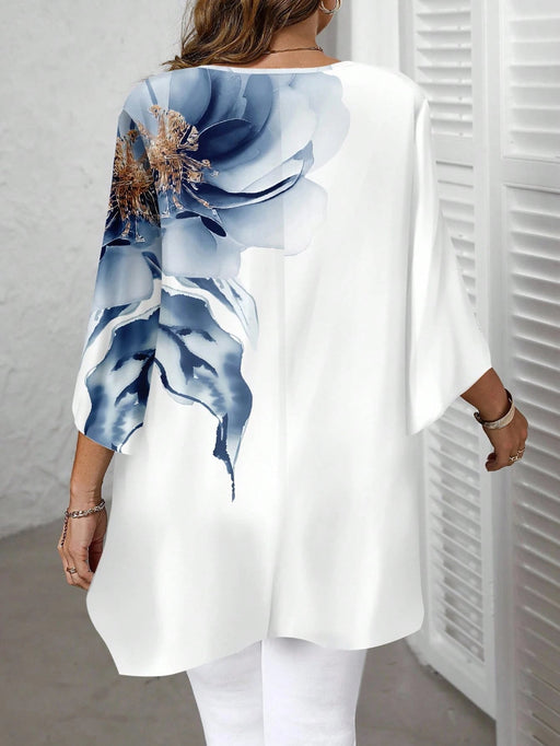 SHEIN Blusa informal minimalista azul y blanca con estampado floral, manga 3/4 - Quierox - Tienda Online