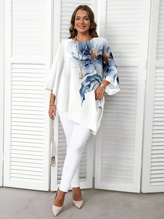 SHEIN Blusa informal minimalista azul y blanca con estampado floral, manga 3/4 - Quierox - Tienda Online
