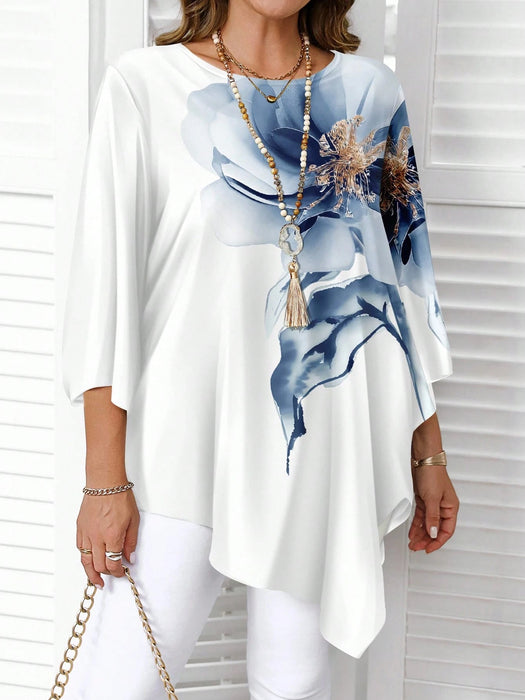 SHEIN Blusa informal minimalista azul y blanca con estampado floral, manga 3/4 - Quierox - Tienda Online
