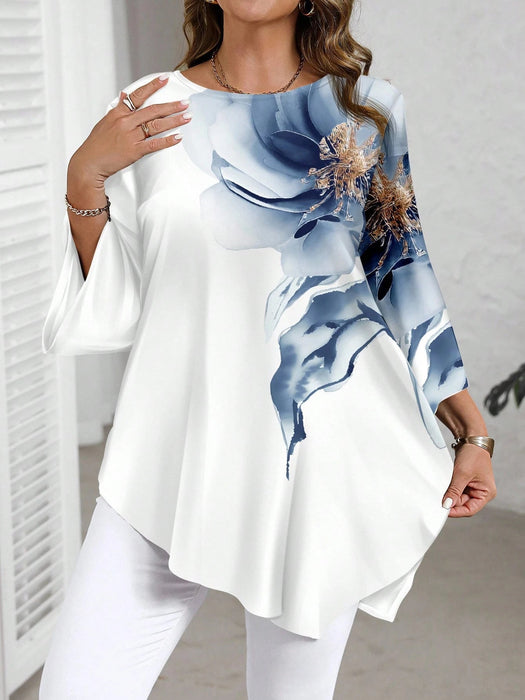 SHEIN Blusa informal minimalista azul y blanca con estampado floral, manga 3/4 - Quierox - Tienda Online