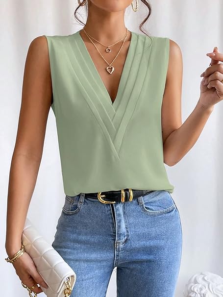 SHEIN Blusa sin mangas con escote en V de color liso - Quierox - Tienda Online