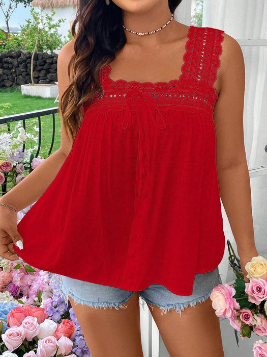 Shein Blusa sin mangas con volantes y patchwork de encaje de color liso de talla grande SunnyBelle - Quierox - Tienda Online