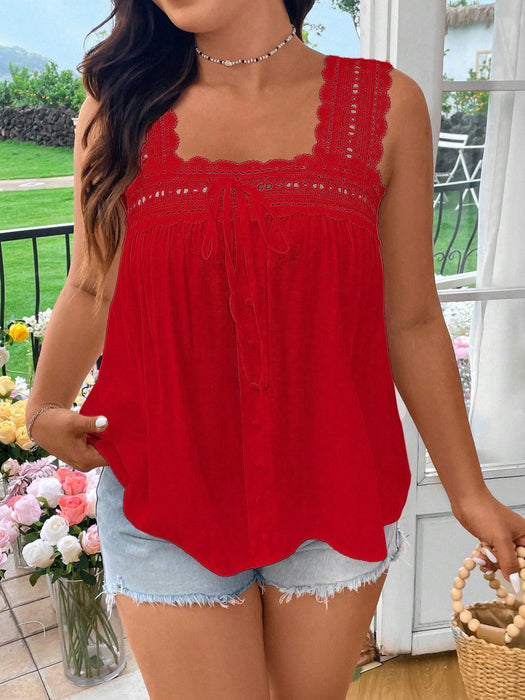 Shein Blusa sin mangas con volantes y patchwork de encaje de color liso de talla grande SunnyBelle - Quierox - Tienda Online