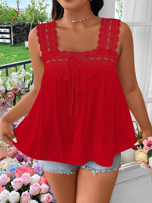 Shein Blusa sin mangas con volantes y patchwork de encaje de color liso de talla grande SunnyBelle - Quierox - Tienda Online