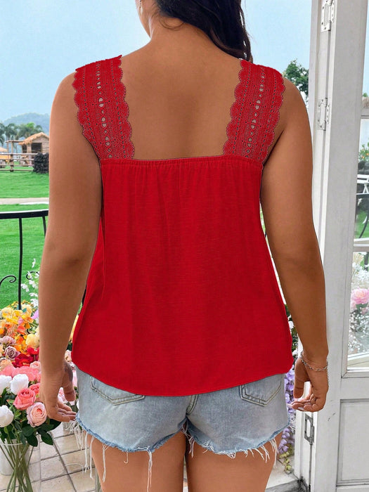 Shein Blusa sin mangas con volantes y patchwork de encaje de color liso de talla grande SunnyBelle - Quierox - Tienda Online