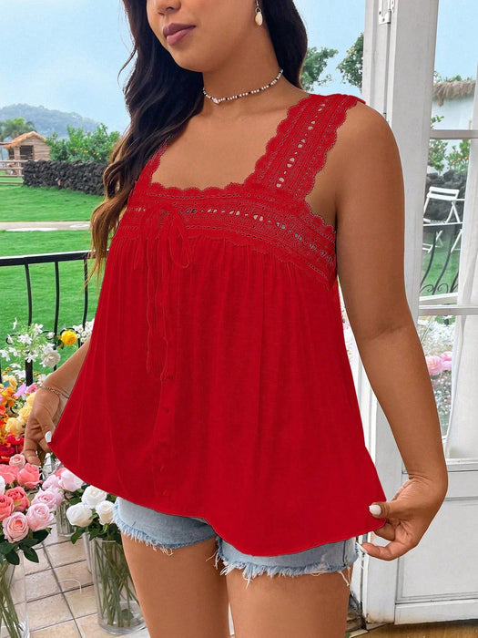 Shein Blusa sin mangas con volantes y patchwork de encaje de color liso de talla grande SunnyBelle - Quierox - Tienda Online