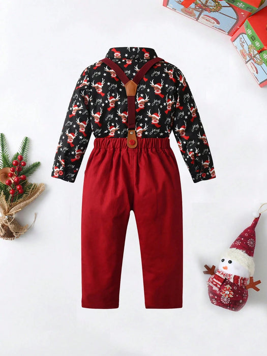 SHEIN BOARNSEORL Camisa de manga larga con estampado de renos navideños con corbata de moño y pantalones con tirantes para niños - Quierox - Tienda Online