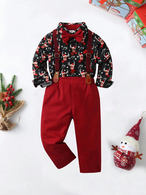 SHEIN BOARNSEORL Camisa de manga larga con estampado de renos navideños con corbata de moño y pantalones con tirantes para niños - Quierox - Tienda Online