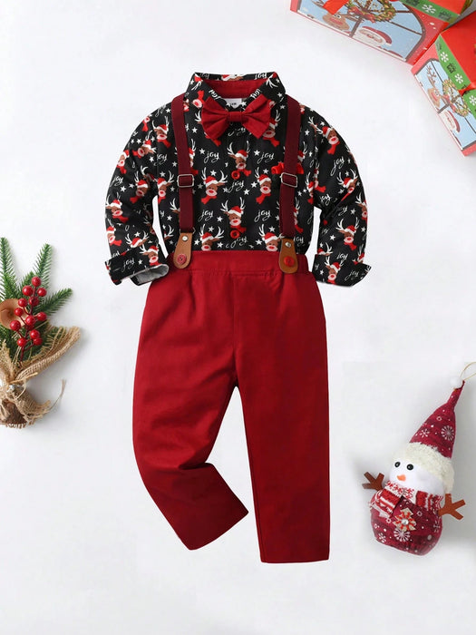 SHEIN BOARNSEORL Camisa de manga larga con estampado de renos navideños con corbata de moño y pantalones con tirantes para niños - Quierox - Tienda Online