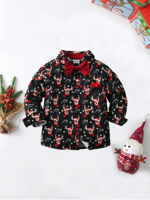 SHEIN BOARNSEORL Camisa de manga larga con estampado de renos navideños con corbata de moño y pantalones con tirantes para niños - Quierox - Tienda Online
