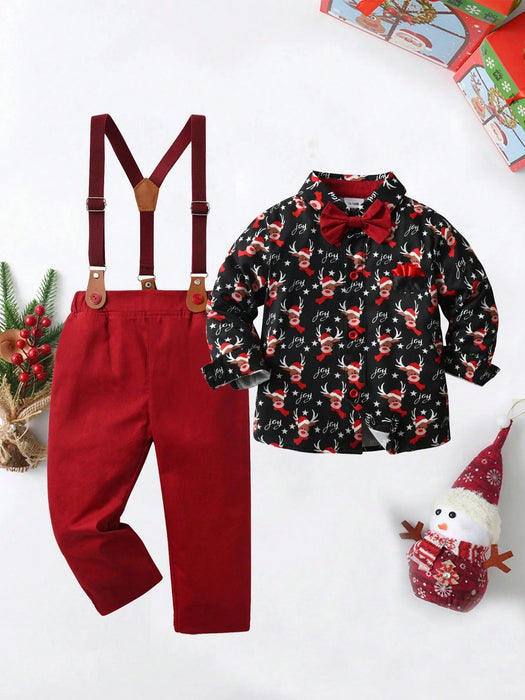 SHEIN BOARNSEORL Camisa de manga larga con estampado de renos navideños con corbata de moño y pantalones con tirantes para niños - Quierox - Tienda Online