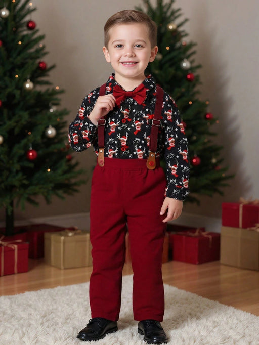 SHEIN BOARNSEORL Camisa de manga larga con estampado de renos navideños con corbata de moño y pantalones con tirantes para niños - Quierox - Tienda Online