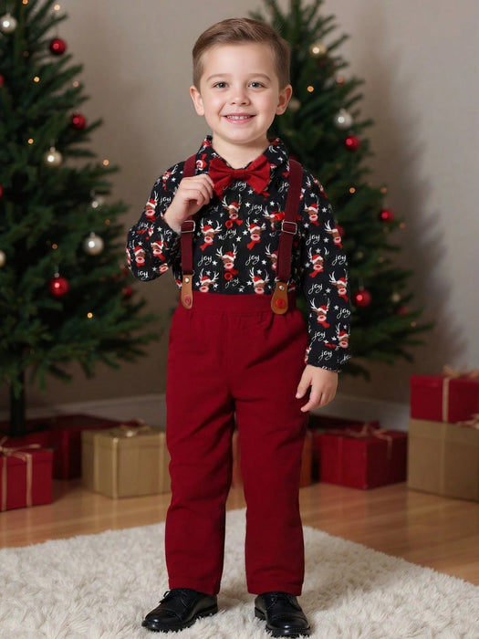 SHEIN BOARNSEORL Camisa de manga larga con estampado de renos navideños con corbata de moño y pantalones con tirantes para niños - Quierox - Tienda Online