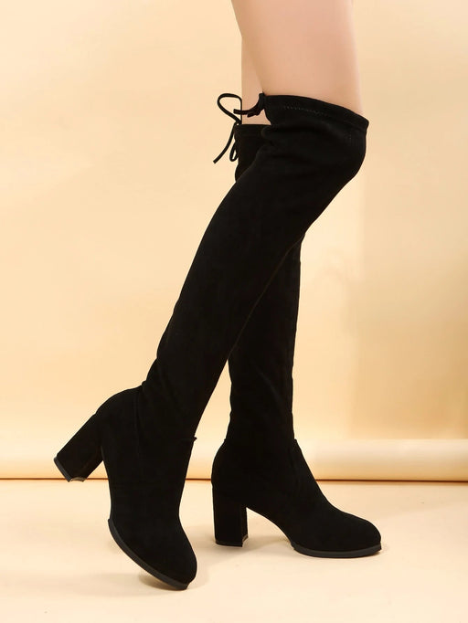 SHEIN Botas altas de gamuza sintética negra sólida y elegante con cordón - Quierox - Tienda Online