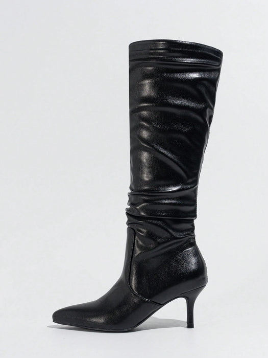 SHEIN Botas de punta puntiaguda con pliegues de cuero sintético - Quierox - Tienda Online