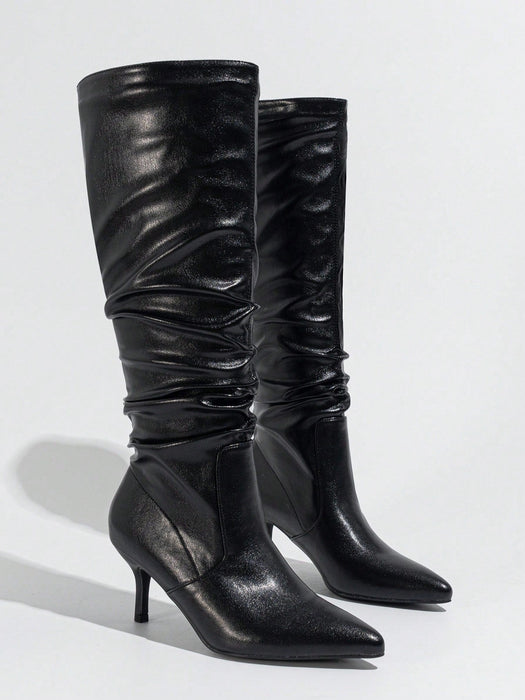 SHEIN Botas de punta puntiaguda con pliegues de cuero sintético - Quierox - Tienda Online