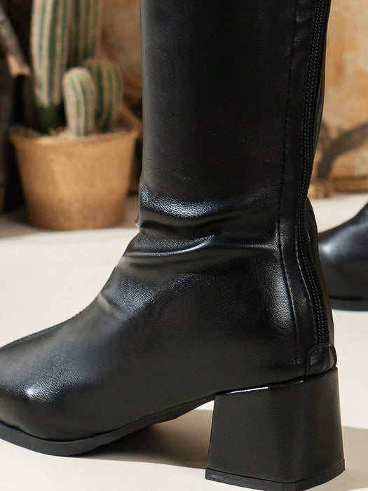 Shein botas hasta la rodilla de tacón alto con tira trasera para mujer de gamuza negras - Quierox - Tienda Online