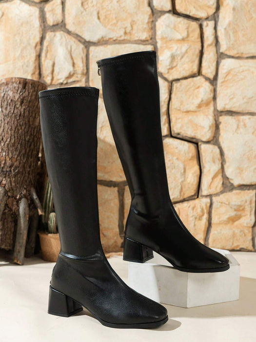 Shein botas hasta la rodilla de tacón alto con tira trasera para mujer de gamuza negras - Quierox - Tienda Online