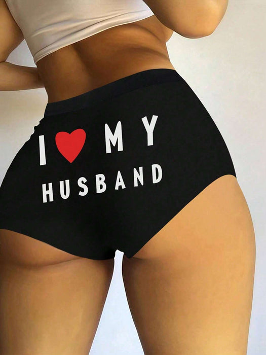 Shein Bragas negras estampadas sexy para mujer, con patrón de la letra "Amo a mi esposo" en el trasero - Quierox - Tienda Online