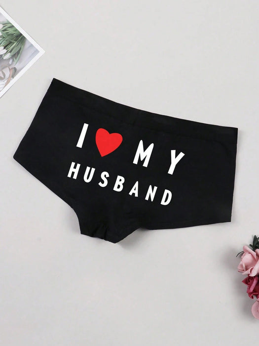 Shein Bragas negras estampadas sexy para mujer, con patrón de la letra "Amo a mi esposo" en el trasero - Quierox - Tienda Online