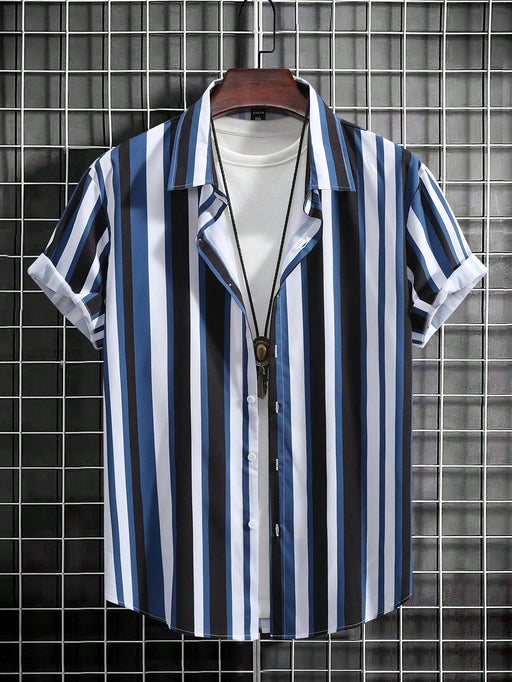 SHEIN Camisa casual de manga corta con rayas verticales para hombre, con cuello abotonado - Quierox - Tienda Online
