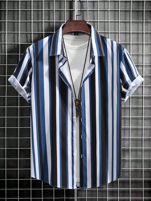 SHEIN Camisa casual de manga corta con rayas verticales para hombre, con cuello abotonado - Quierox - Tienda Online