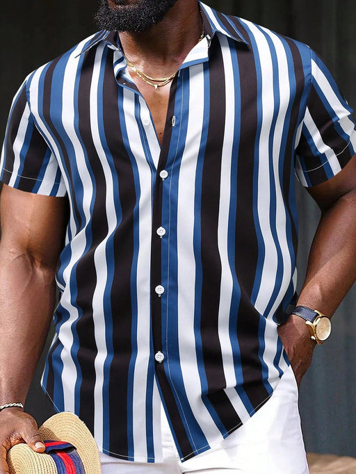 SHEIN Camisa casual de manga corta con rayas verticales para hombre, con cuello abotonado - Quierox - Tienda Online