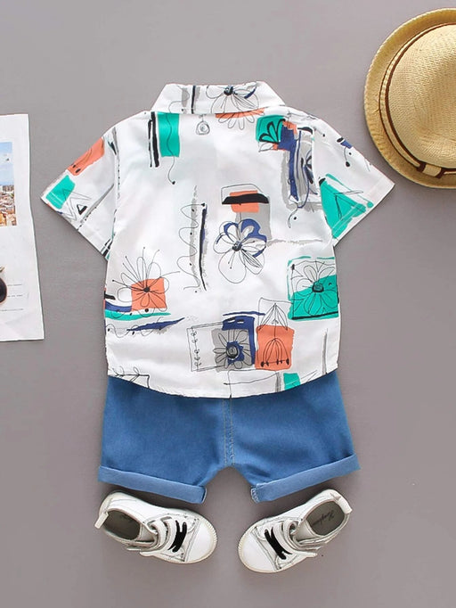 Shein Camisa con estampado gráfico y pantalones cortos de mezclilla lavados para niños pequeños - Quierox - Tienda Online