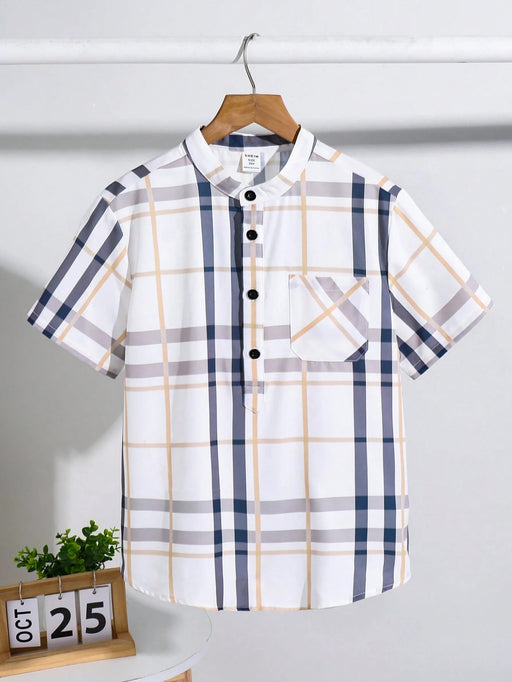 SHEIN Camisa de manga corta con cuello alto y cierre medio a cuadros - Quierox - Tienda Online