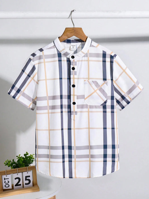 SHEIN Camisa de manga corta con cuello alto y cierre medio a cuadros - Quierox - Tienda Online