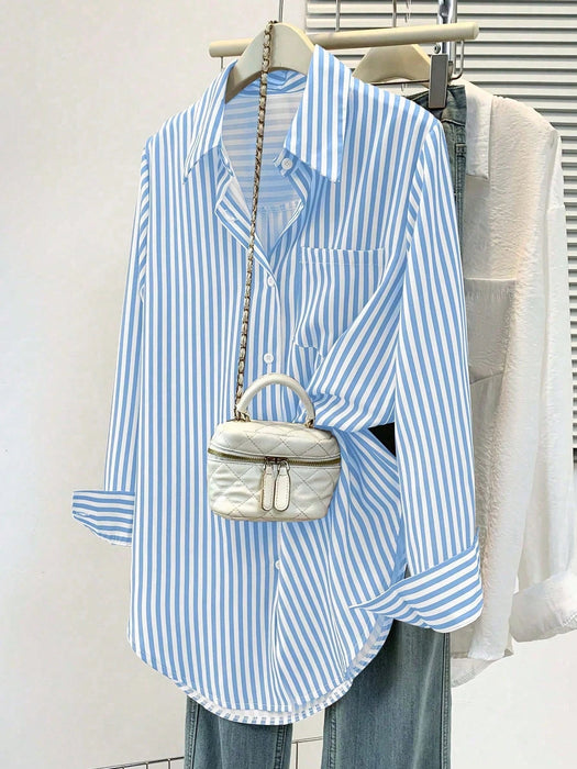 SHEIN Camisa de manga larga a rayas clásica para mujer, con cuello, diseño de botones - Quierox - Tienda Online