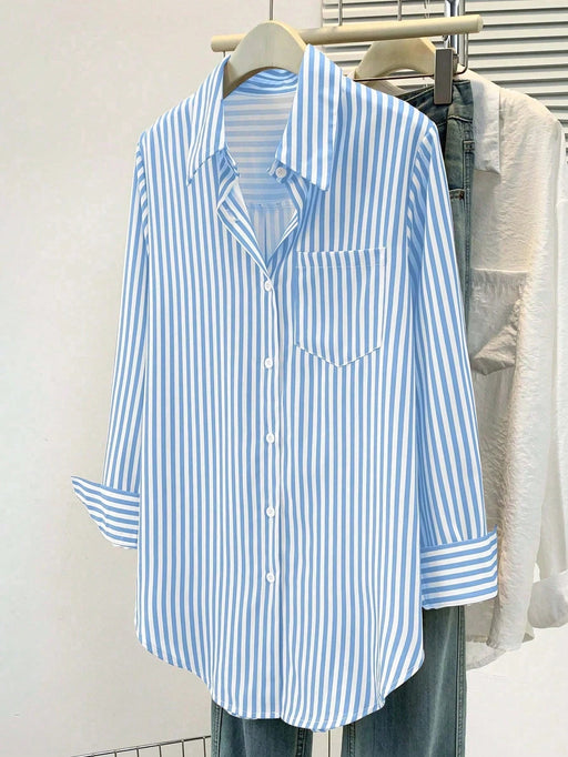 SHEIN Camisa de manga larga a rayas clásica para mujer, con cuello, diseño de botones - Quierox - Tienda Online