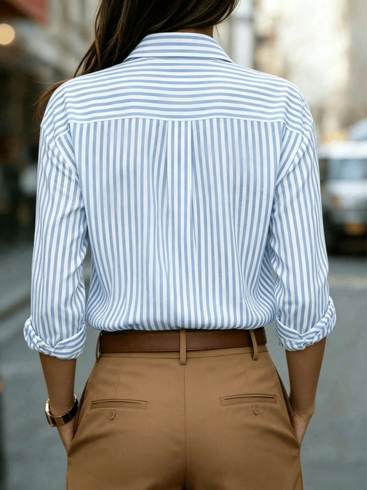 SHEIN Camisa de manga larga a rayas clásica para mujer, con cuello, diseño de botones - Quierox - Tienda Online