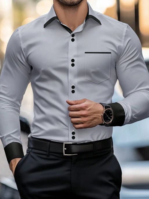 SHEIN Camisa formal informal de manga larga con bloques de color y patchwork para hombre - Quierox - Tienda Online