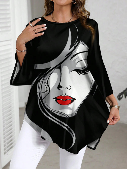 SHEIN Camisa informal minimalista retro con estampado abstracto de rostros, talla grande - Quierox - Tienda Online